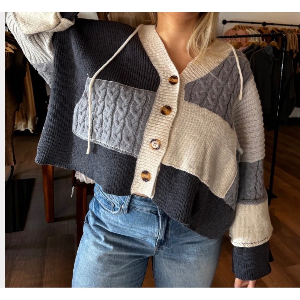 Caylo Patchwork Colorblock Hooded Cardigan Sweater Grey Lavender M Oversized Coz